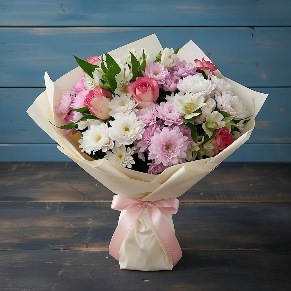 Букет цветов из: Хризантемы, Альстромерии и Розы в Северном Московской области